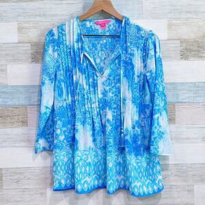 Lilly Pulitzer Marilina Pintucked Tassel Neck Tunic Top Blue Paisley Womens XS